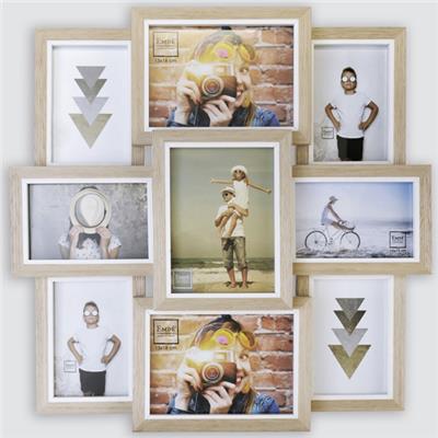 cadre photo multivues en bois beige avec liserai blanc pour 6 10x15 et 2 13x18