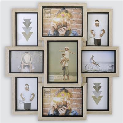 cadre photo multivues en bois beige avec liserai noir pour 6 photos 10x15 et 2 13x18