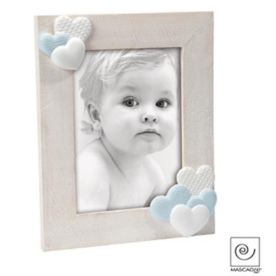 cadre photo en bois céruse beige avec coeur blanc et bleu