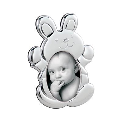 cadre photo enfant en métal argenté brillant en forme de lapin