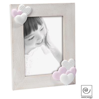 cadre photo en bois cerusé beige avec coeurs blanc et rose