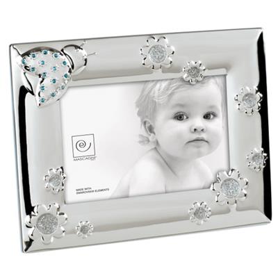 cadre photo enfant en métal argenté brillant avec décor coccinelle bleu