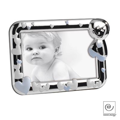 cadre photo enfant en métal argenté avec coeur bleu et blanc