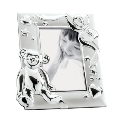 cadre photo enfant en métal argenté avec décor ourson